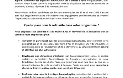 Les organisations humanitaires d&rsquo;Aix-en-Pce interrogent les candidats-e-s aux élections municipales 2026